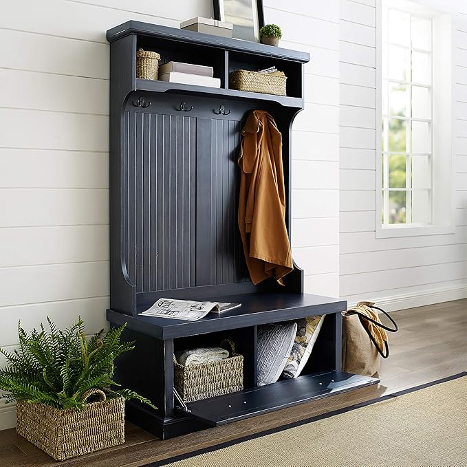 Crosley Furniture Seaside Hall Tree with Shoe Rack Bench and Coat Hooks for Hanging Storage, Distressed Navy