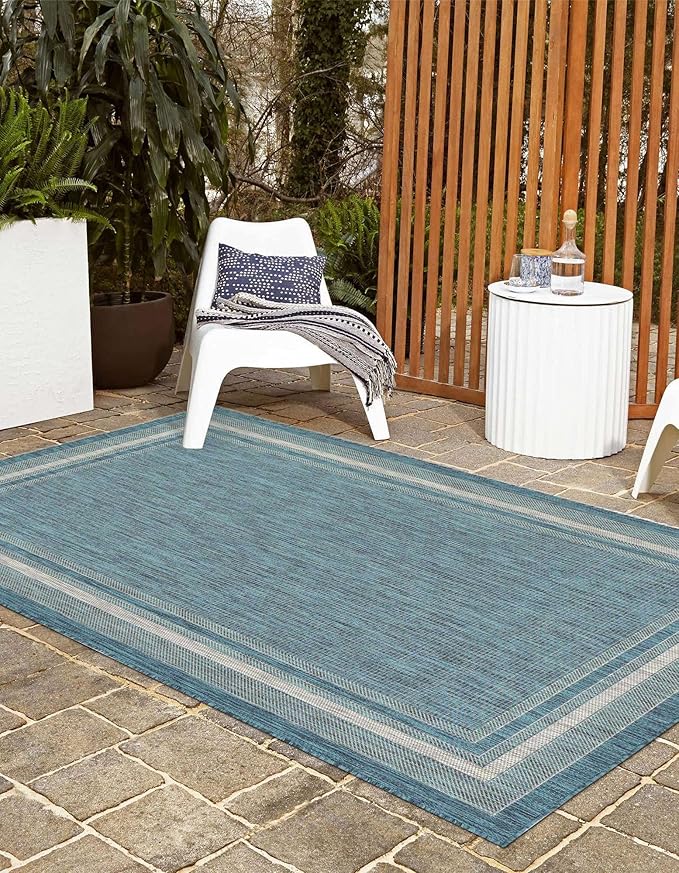 Unique Loom Outdoor Border Collection Area Rug - Soft Border (3' 3" x 5' 3" Rectangle, Teal/ Ivory)