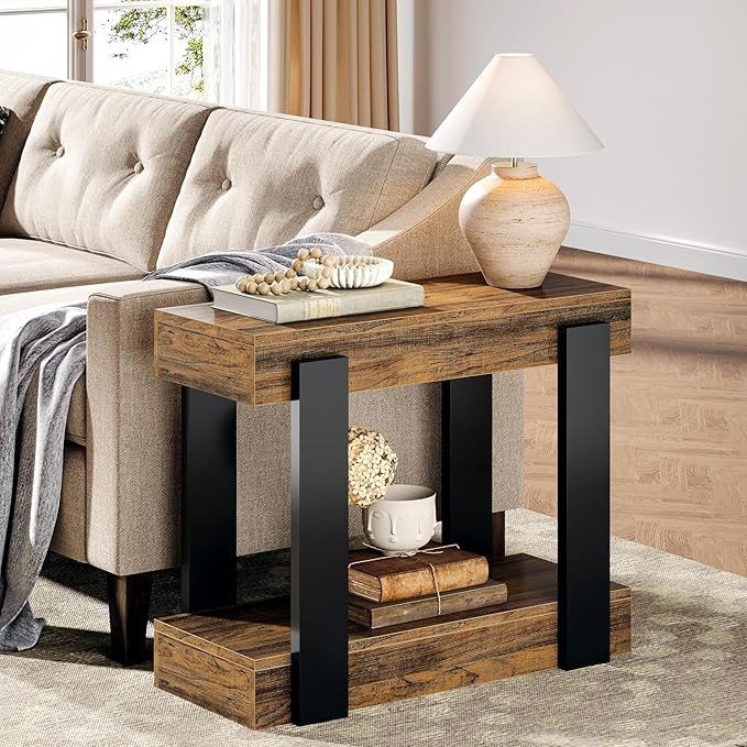 Tribesigns Narrow End Table, 2-Tier Farmhouse Side Table with Storage Shelf for Living Room, Rectangular Night Stand and Bedside Tables for Bedroom, Brown