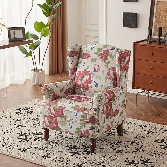 MELLCOM Floral Accent Chair, High Back Upholstered Armchair with Solid Legs, Leisure Single Sofa Chair for Living Room, Bedroom, Home Office, Pink Floral