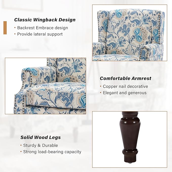Floral Wingback Accent Chairs Set of 2, High Back Upholstered Armchair, Comfy Fabric Wingback Arms Chairs with Retro Solid Wood Legs, Single Sofa Reading Chair for Bedroom Living Room, Boho Blue