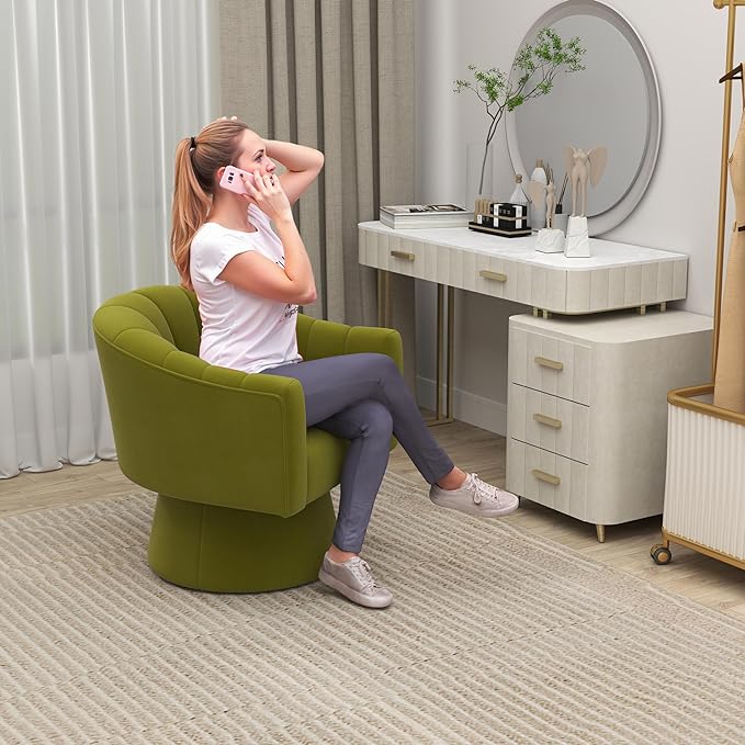 Swivel Accent Chair,Upholstered Velvet 360° Swivel Barrel Chair for Living Room Overstuffed Bouncle Reading Chair Round Armchair for Bedroom,Vanity,Office(Grass-Green)