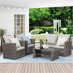 Wisteria Lane 4 Piece Patio Furniture Set, Wicker Outdoor Patio Conversation Furniture Set, All Weather Outdoor Patio Sofa with Cushion and Glass Table, Grey