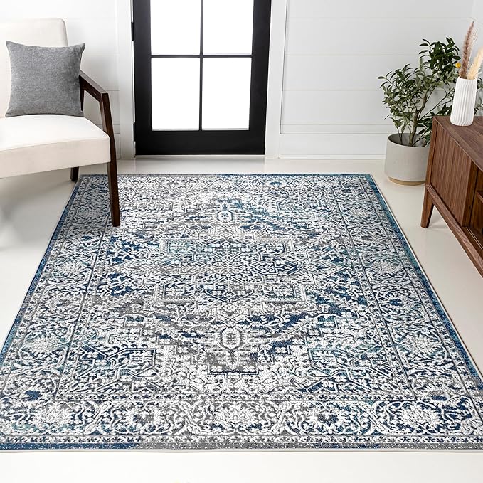 JONATHAN Y Modern Vintage Medallion Navy/Light Gray Indoor Area Rug, 9x12, Country, Floral, Easy-Cleaning for Living Room, Bedroom, Kitchen, Pet Friendly, Non-Shedding (MDP100B-9)
