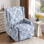 Premium 360° Swivel Recliner Chair with Footrest - Luxurious Cotton Linen & Botanical Design-Bule Pattern