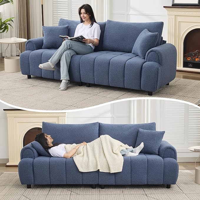 88 "Modern Boucle Sofa Couch, Oversized Comfy 3 Seater Sherpa Curved Sofas Deep Seat, Upholstered Loveseat Teddy Round Arm Couches for Living Room, Bedroom, Blue
