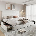 Allewie Modern King Size Platform Bed Frame with 4 Storage Drawers and Velvet Upholstered Headboard, Wooden Slats Support, Upholstered Mattress Foundation/No Box Spring Needed/Easy Assembly, White