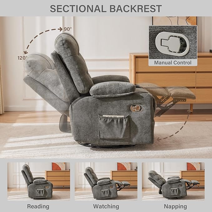 Manual 360°Swivel Rocker Recliner Chair,Single Recliner Seat with Cup Holders,Recliner Chairs for Adults, Upholstered Fabric Lazy Boy Recliner for Bedroom,Living Room,Dark Grey