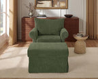 Modern Accent Chairs with Ottoman Set, Comfy Chenille Reading Armchair with Rolled Arms and Cushion Backrest, 35.8" W Chaise Lounge Chair for Living Room, Bedroom, Study, Apartment, Green