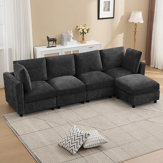 4-Seater Modular Sectional Cloud Sofa with Ottoman, Convertible L-Shaped Couch for Living Room, Modern Deep Seat Modular Sofa, Chenille Dark Grey