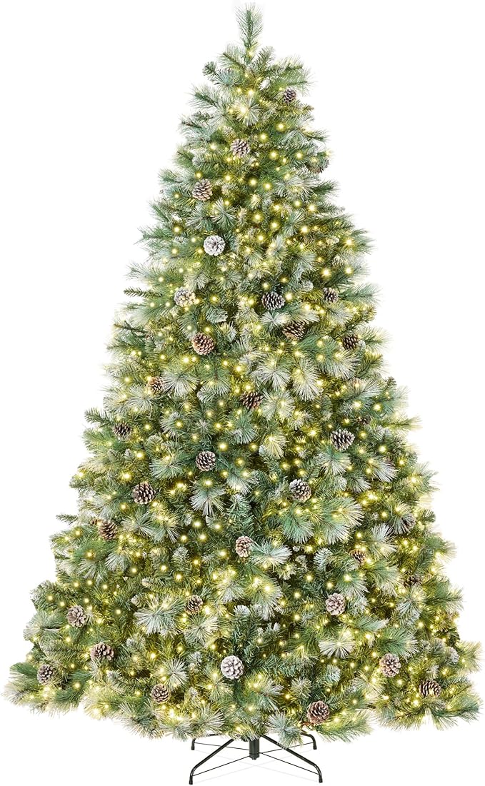Best Choice Products 9ft Pre-Lit Scotch Pine Christmas Tree, Premium Frosted Pre-Decorated Artificial Holiday Decor w/ 2,020 Branch Tips, 2-in-1 White and Multicolor LED Lights, Cordless Setup