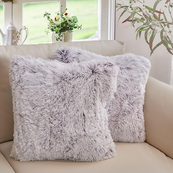 Cheer Collection Throw Pillows for Couch and Bed, Soft Shaggy Throw Pillows with Inserts Included, Cozy Long Hair Faux Fur Pillows - Set of 2-20" x 20" - Purple