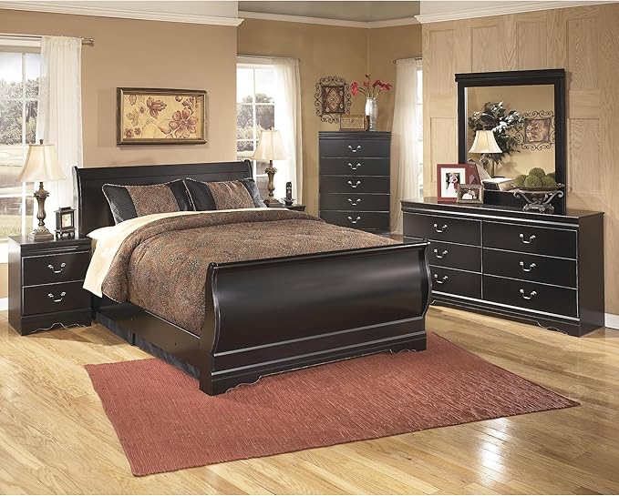 Signature Design by Ashley Huey Vineyard Traditional 6-Drawer Dresser and Mirror with Safety Stop, Black
