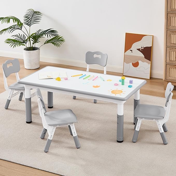 Adjustable Kids Table Chairs Set – Graffiti Desktop, Multi-Activity Height-Adjustable Toddler Study Desk for Ages 3-8 – Ideal for Home, Classroom, Daycare (B-Gray, 4 Chairs-47.2" L x 23.6" W)