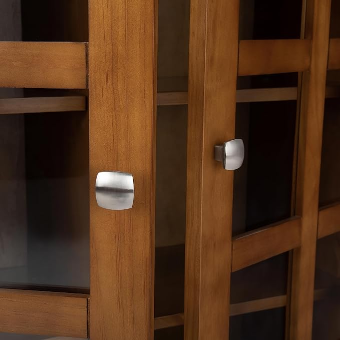 SIMPLIHOME Acadian Storage Cabinet - 39 inch Wide Solid Wood 4-Shelf Display Cabinet in Light Golden Brown, Transitional Cupboard for Living Room or Dining Room with Glass Doors and Adjustable Shelves