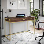 Martha Stewart Ollie Home Office Desk with 3 Drawers in Walnut Wood Grain with Polished Brass Hardware