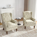Wingback Accent Chairs Set of 2, High Back Upholstered Armchair, Printed Fabric Wingback Arms Chairs with Wood Legs, Single Sofa Reading Chair for Bedroom Living Room, White