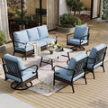 6 Piece Metal Outdoor Patio Furniture Set - 1 3-Seater & 2 Fixed & 2 Swivel Sofas with 5.75" Thick Cushion & Coffee Table - Black & Blue Backyard Furniture