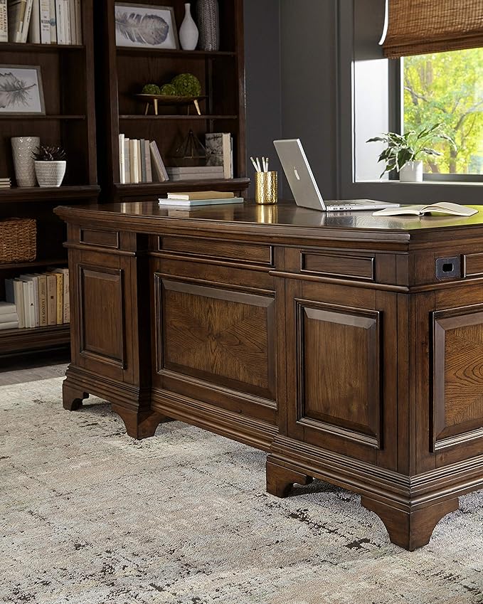 Coaster Home Furnishings - Hartshill - Wood - 72-Inch 7-Drawer Executive Desk with 2 Lockable File Cabinets, Removable Dividers, and Bronze Hardware - Home Office - Burnished Oak - 881281