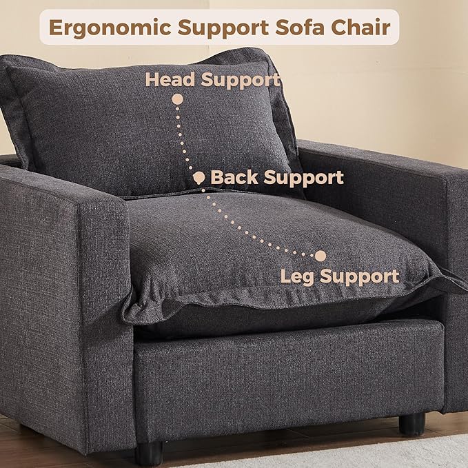 chairus 126" Modular Sectional Sofa with Moveable Ottoman Upholstered Deep Seat Linen Couch Set with Soft Pillows L-Shape Sofa Couch for Living Room, Apartment, Reception Room, 4-Seater/Black