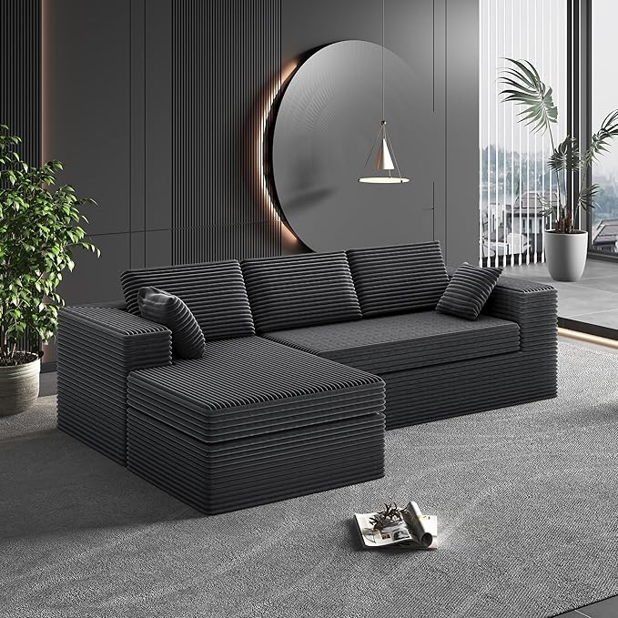 108-inch Boneless Couch for Living Room，Comfy Boneless Sofa with Deep Seats & Chaise Lounge, 3-Seat Modular Sofa Memory Foam Sectional Couches - No Assembly Required(Dark Grey)