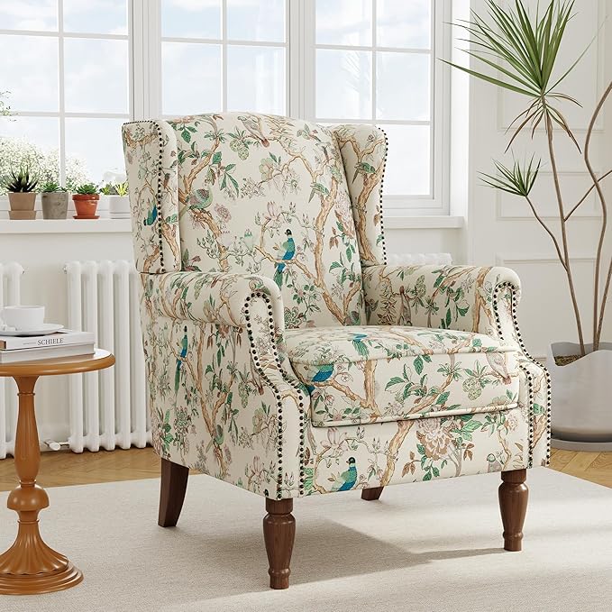 Accent Chair, Upholstered High Back Floral Armchair with Nailhead Trim & Wood Legs, Comfy Wingback Reading Single Sofa Chair for Small Spaces, Living Room, Bedroom (Bird Floral, Set of 2)