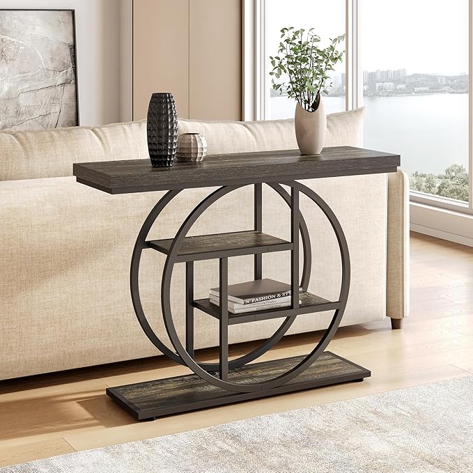 LITTLE TREE Console Table, 4-Tier Entryway Table, 41.3-Inch Industrial Sofa Table for Living Room, Foyer Hallway Table for Entrance, Deep Grey and Black