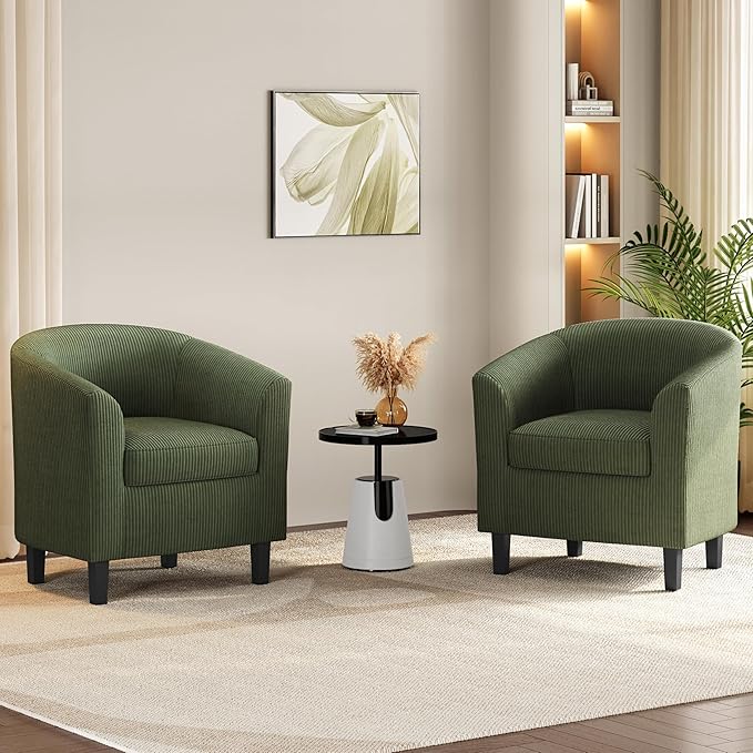 Yaheetech Corduroy Barrel Chairs Set of 2, Upholstered Club Chairs, Round Armchairs Waiting Room Chairs with Soft Cushion for Living Room Bedroom Reading Room, Dark Green