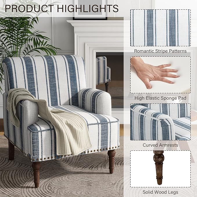 UIXE Stripe Accent Chairs Set of 2, Living Room Arm Chair Modern Nailhead Trim Club Armchair, Comfy Upholstered Sofa Lounge Seat Reading Seat Bedroom Side Seating for Home Office, Dark Blue
