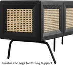 NTC Mossic TV Media Cabinet with 3 Doors for TVs, Entertainment Center with Natural Rattan, Metal Legs, Modern Storage Console for Living Room and Bedroom, Effortless Assembly, Burnt Black