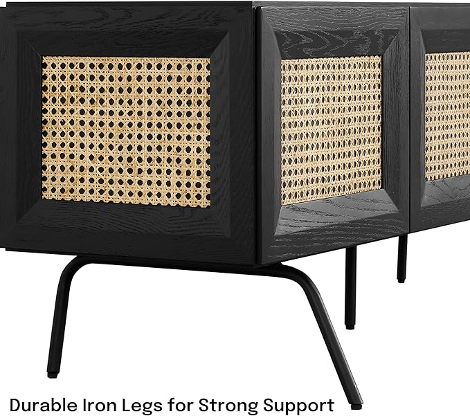 NTC Mossic TV Media Cabinet with 3 Doors for TVs, Entertainment Center with Natural Rattan, Metal Legs, Modern Storage Console for Living Room and Bedroom, Effortless Assembly, Burnt Black