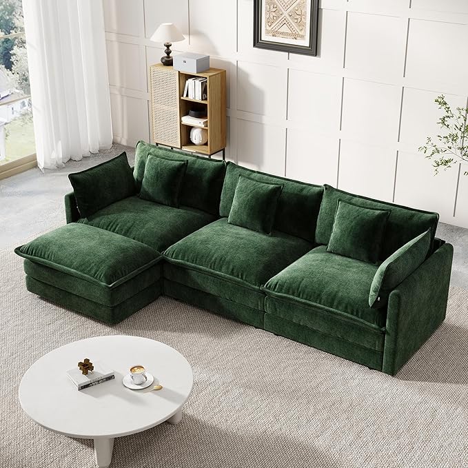 Modular Sectional Sofa, 111.5 Inch L-Shaped Cloud Sofa with Deep Seat Chenille Sofa with Cushions, Three-Self Sectional Sofa for Living Room Apartment,Evergreen