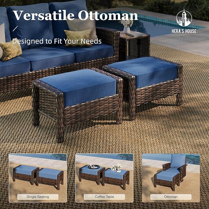 HERA'S HOUSE Wicker Patio Furniture Set, 35" High Back Swivel Chairs with 5.5" Thick Cushions, 5 Pieces Outdoor Seating Furniture, Deck Conversation Set with Ottomans for Lawn Yard Porch, Blue