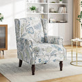 Pia Ricco High Back Floral Accent Chair - Retro Wingback Upholstered Armchair with Nailhead Trim, Solid Wood Legs, Fabric Living Room Bedroom Reading Chair (Plants Blue)
