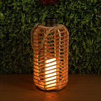 Alpine Corporation SKY392TM 28" H, Hemp Rope Wooden Lantern with Flickering LED Lights, Garden Decor for Patio, Lawn, and Yard