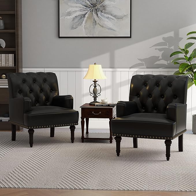 UIXE PU Leather Accent Chairs Set of 2, Modern Upholstered Armchair for Living Room, Comfy Arm Chair Single Sofa Reading Seat with Wooden Legs for Office Home Bedroom - Black