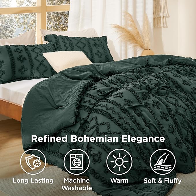Bedsure Tufted Boho Comforter Set Queen Size - Dark Green Boho Bed Set, GentleSoft™ 3 Pieces Farmhouse Shabby Chic Embroidery Bedding, Gifts for Woman, Soft Jacquard Queen Comforter for All Seasons
