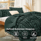 Bedsure Tufted Boho Comforter Set Queen Size - Dark Green Boho Bed Set, GentleSoft™ 3 Pieces Farmhouse Shabby Chic Embroidery Bedding, Gifts for Woman, Soft Jacquard Queen Comforter for All Seasons