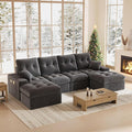 High Back Boneless Couch, U Shaped Cloud Couch with Versatile 2-Pack Pillow Blankets, Corduroy Modular Sectional Sofa with Ottoman, No Assemble Sectional Couches for Living Room, Dark Grey
