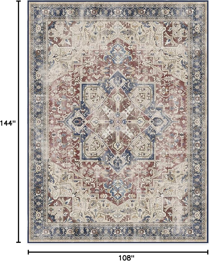 RUGGABLE Washable Vintage Area Rug – Kamran Royal Blue 9x12, Stain-Resistant, Non-Slip – Large Machine Washable Rugs for Living Room, Bedroom, Hallway, Entryway & Office–with Standard Pad