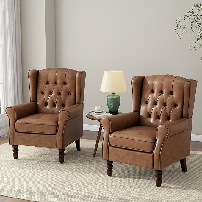 Accent Chair, Upholstered Armchair with Button Tufted High Back & Solid Wood Legs, Comfy Wingback Reading Single Sofa Chair for Small Spaces, Living Room, Bedroom-Leather Brown, Set of 1
