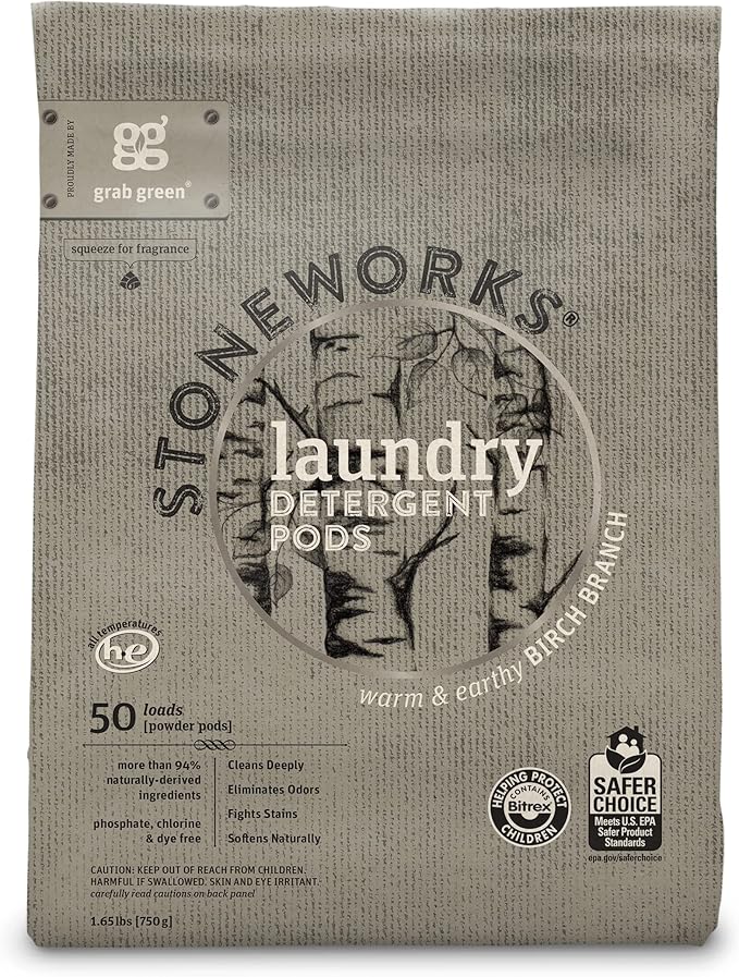 Grab Green Stoneworks Laundry Detergent Pods, Powered by Naturally Derived Plant & Mineral-Based Powder Pods, Birch Branch, 50 Loads (Pack of 1) - EPA Safer Choice Certified