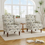 Accent Chair, Upholstered High Back Floral Armchair with Nailhead Trim & Wood Legs, Comfy Wingback Reading Single Sofa Chair for Small Spaces, Living Room, Bedroom ( Plants Beige Floral, Set of 2)