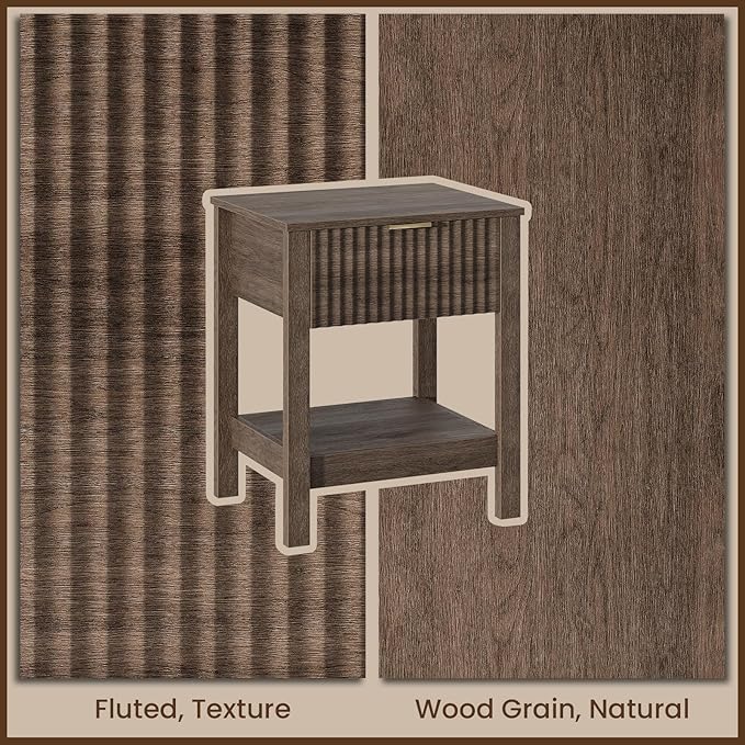 Fluted Night Stand with Golden Handle,Mid-Century Nightstands with Drawer,Modern Bedside Table with Storage Shelf,Large End Tables for Livingroom,Bed Side Tables for Bedroom,Walnut