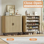 Maupvit Shoe Storage Cabinet with Smooth Fluted Sliding Doors, 5-Tier Shoe Cabinet Storage for Entryway, Narrow Hidden Shoe Rack for Front Door Entrance, Metal Handles and Legs, Natural