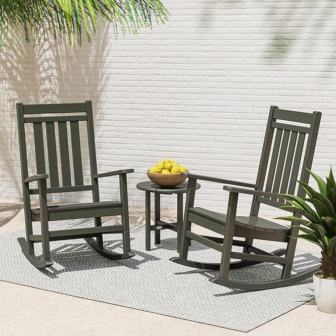 POLYWOOD Estate 3-Piece Rocking Chair Set, Outdoor Patio Furniture, Front Porch Rockers with Side Table, HDPE, Fade-Proof, Black, Made in USA