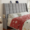 Queen Size Headboard with Charging Station, Ergonomic Upholstered Linen Headboards Only, Wingback Wood Bed Head Board with Storage Pocket, Bed Frame Adapters, Light Grey
