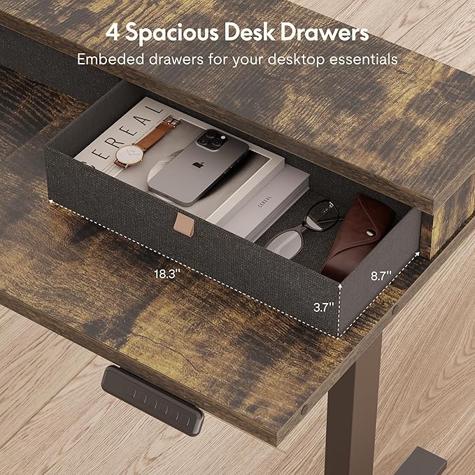 SANODESK 63" L Shaped Standing Desk with 4 Drawers, Height Adjustable Stand up Desk, Corner Gaming Desk with Monitor Stand, Black Frame/Rustic Brown Top