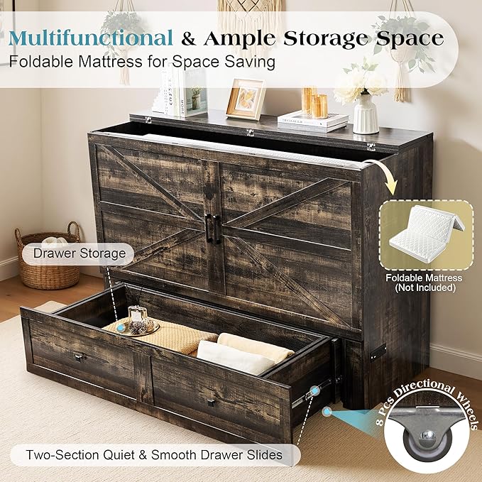 Full Murphy Bed with Storage and Charging Station, Farmhouse Cabinet Bed, Noise-Free, for Guest Room, Apartment, or Office, Black Oak