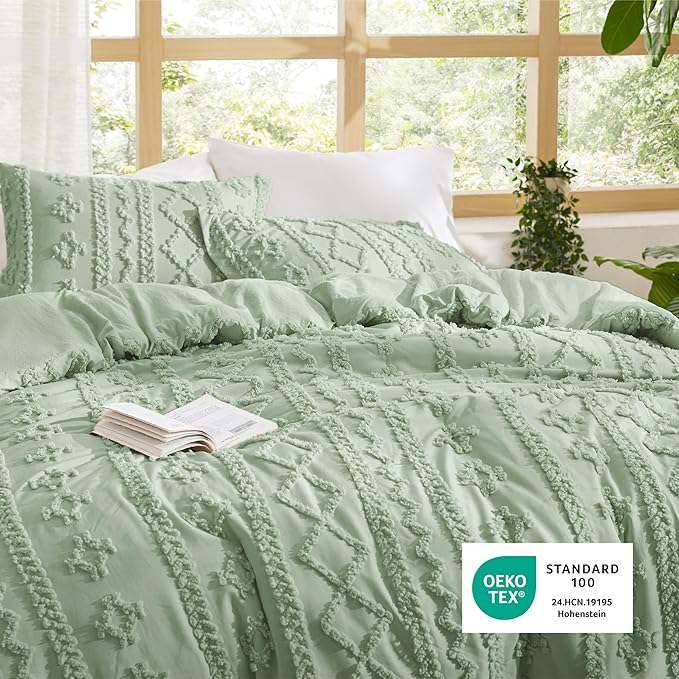 Bedsure Tufted Boho Comforter Set Twin Size - Sage Green Boho Bed Set, GentleSoft™ 2 Pieces Farmhouse Shabby Chic Embroidery Bedding, Gifts for Woman, Soft Jacquard Twin Comforter for All Seasons